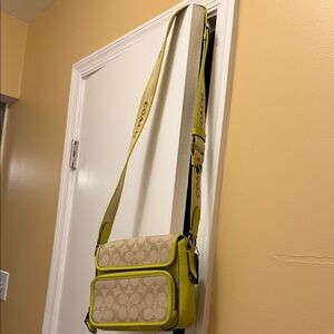 Coach Beige Signature Crossbody with Chartreuse Trim